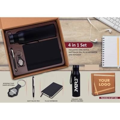 Black PU Corporate Gift Set for Gifting with Water Bottle Diary Keychain and Pen Manufacturers in Ahmedabad