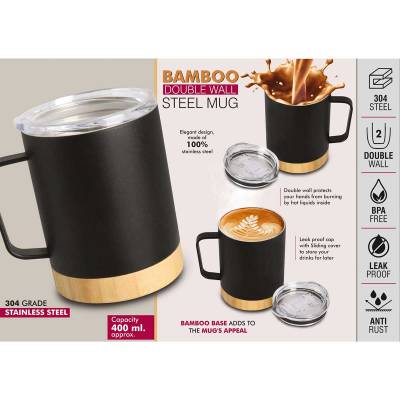 Stainless Steel Mug with Bamboo Accent Plain Design Anti Rust Customized Office Use Manufacturers in Aligarh